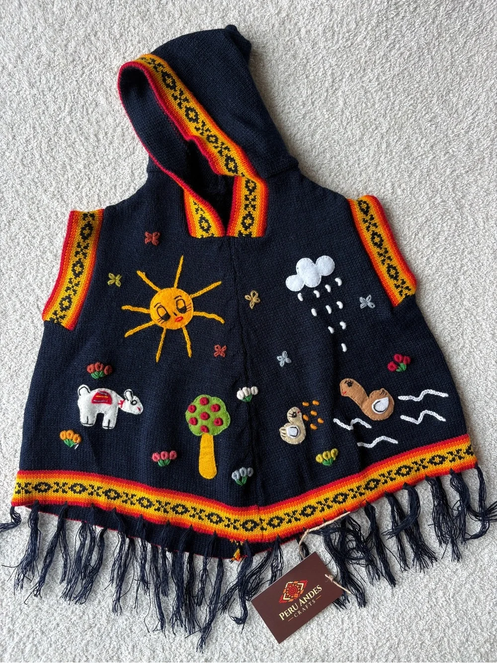 Peruvian Hand Embroidered Kids Hooded Poncho